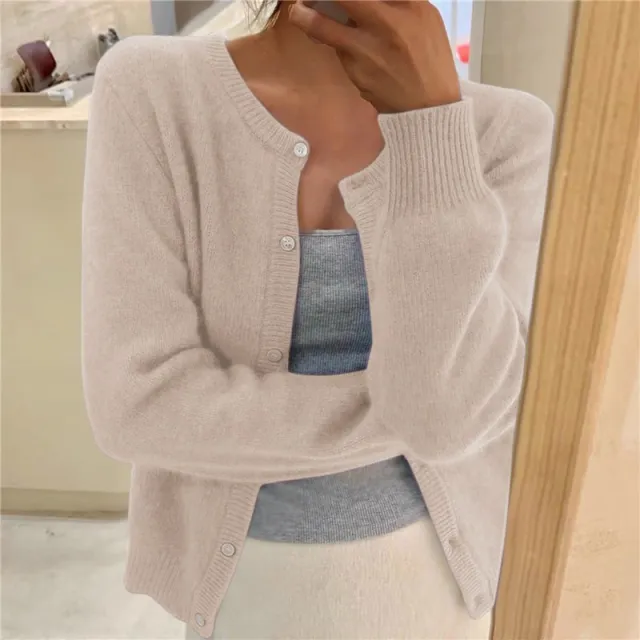 Women's Round Neck Solid Color Knitted Cardigan Apricot - Shop at LoveMi