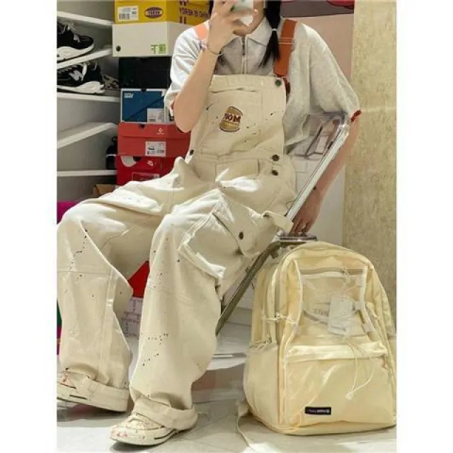 Fashion Brand Embroidery Splash ink Khaki Denim Suspender Pants For Women White - Shop at LoveMi