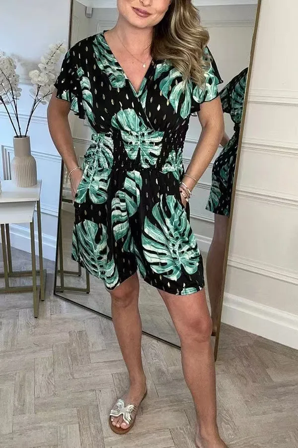 Leaf Print Shorts Jumpsuit Summer Beach Short-sleeved Bodysuit For Women Clothing - Black