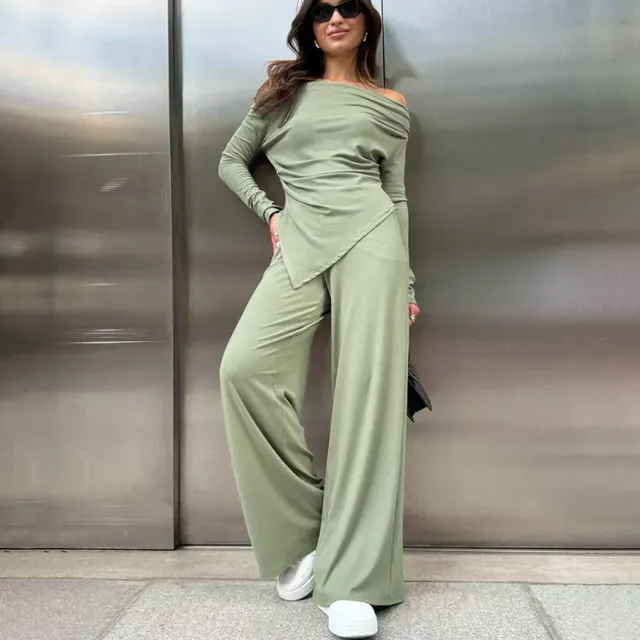 New Design Sense High Waist Off neck Irregular Slim fit Top Suit Green - Shop at LoveMi