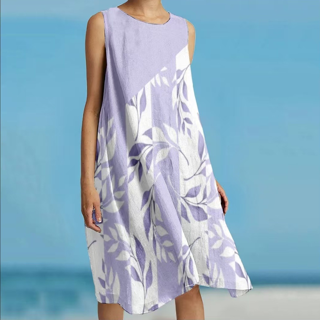 Printed Loose Vacation Casual Sleeveless Vest Skirt Light Purple - Shop at LoveMi