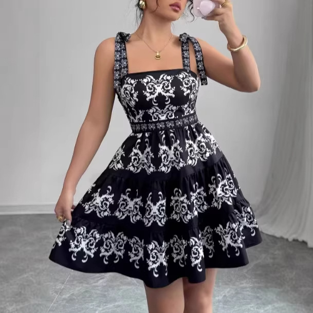 New Stylish Retro Minimalist Burnt-Flower Lace-Up Strap Black Short Dress New Stylish Retro Minimalist Burnt-Flower Lace-Up Strap Black Short Dress - Image 3