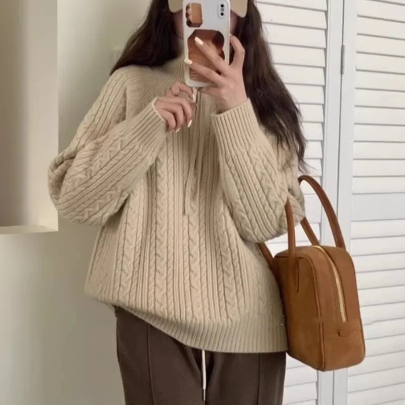 Lapel Half Zipper Cable-knit Pullover Sweater For Women