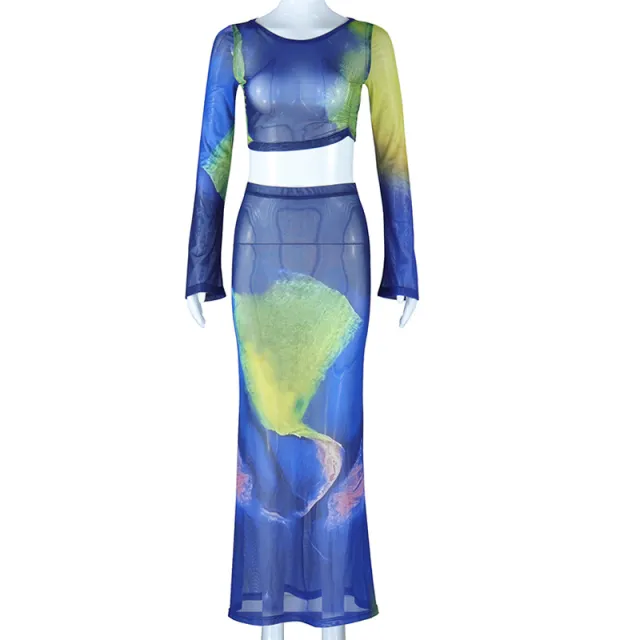 Printed Tight Skirt Suit Bell Sleeve Pleated Short Top Blue - Shop at LoveMi