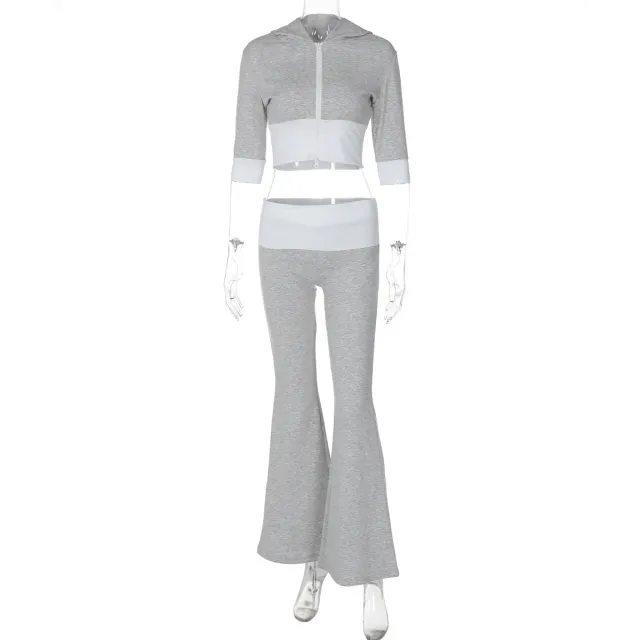 Color Matching Zipper Suit Hooded Jacket Bell bottom Pants Light Gray - Shop at LoveMi