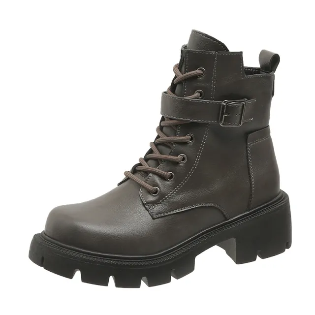 Martin Boots For Women Autumn And Winter New Plus Size Round Head Chunky Heel Casual Mid calf Gray - Shop at LoveMi