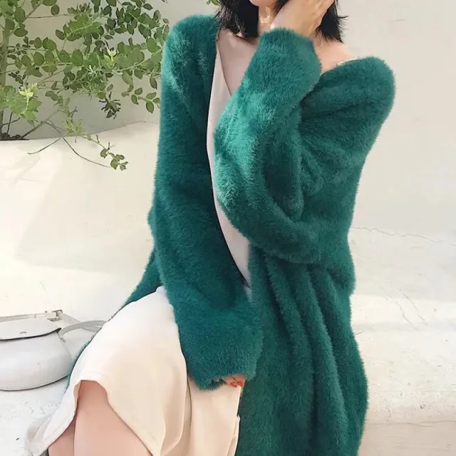 Mink like Wool Cardigan Loose Size Thickened Mid length Idle Style Knitted Coat Green 86Cm - Shop at LoveMi
