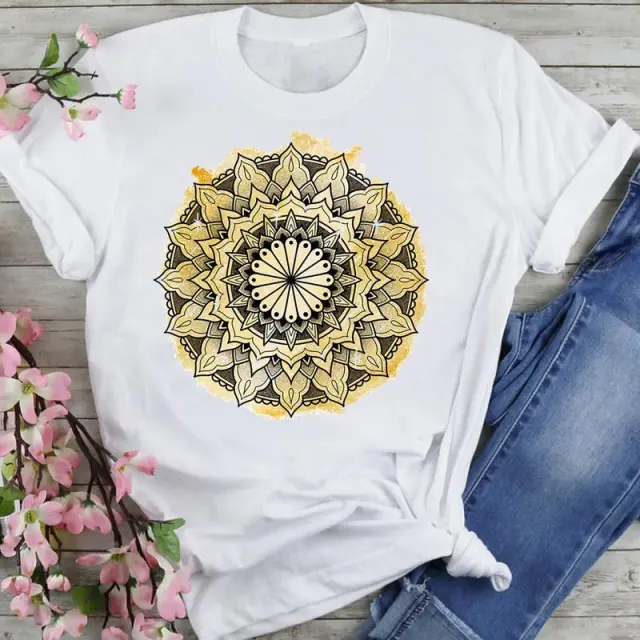 T shirt Women's Printed Short Sleeve Datura Flower Floral Print White Round Neck J25607 - Shop at LoveMi