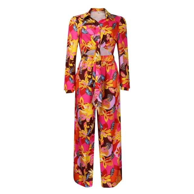Lapel Lace up Shirt Wide leg Pants Suit Yellow - Shop at LoveMi
