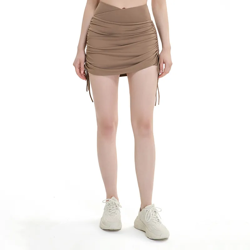 Drawstring High Top Sports Short Skirt Women's Running Anti-exposure Yoga Shorts - Cocoa Color