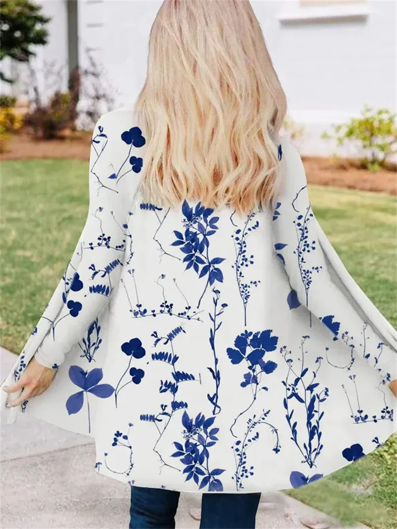 Autumn Flower Mang Printed Mid-length V-neck Trench Coat - 3 Style