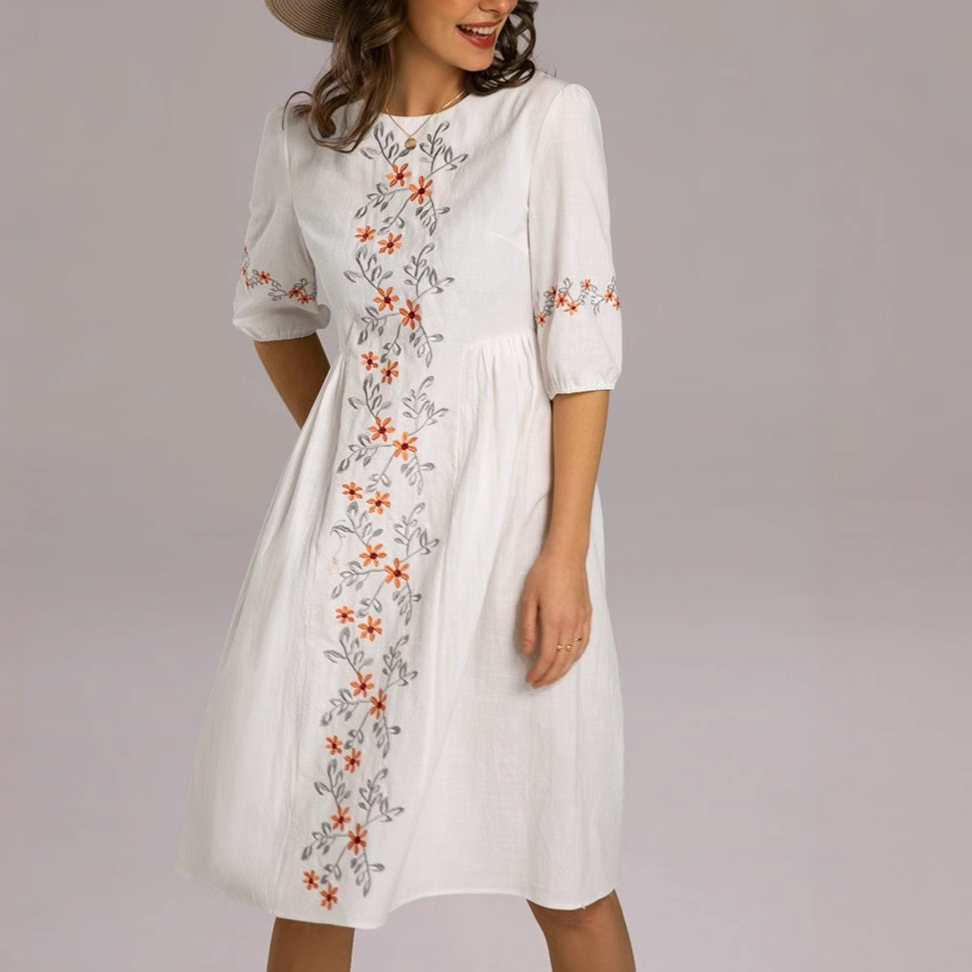 Ethnic Style Embroidered Slub Cotton Short Sleeve A Line Dress Ivory Beige - Shop at LoveMi