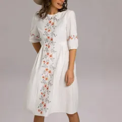 Ethnic Style Embroidered Slub Cotton Short Sleeve A- Line Dress - Ivory - View 1