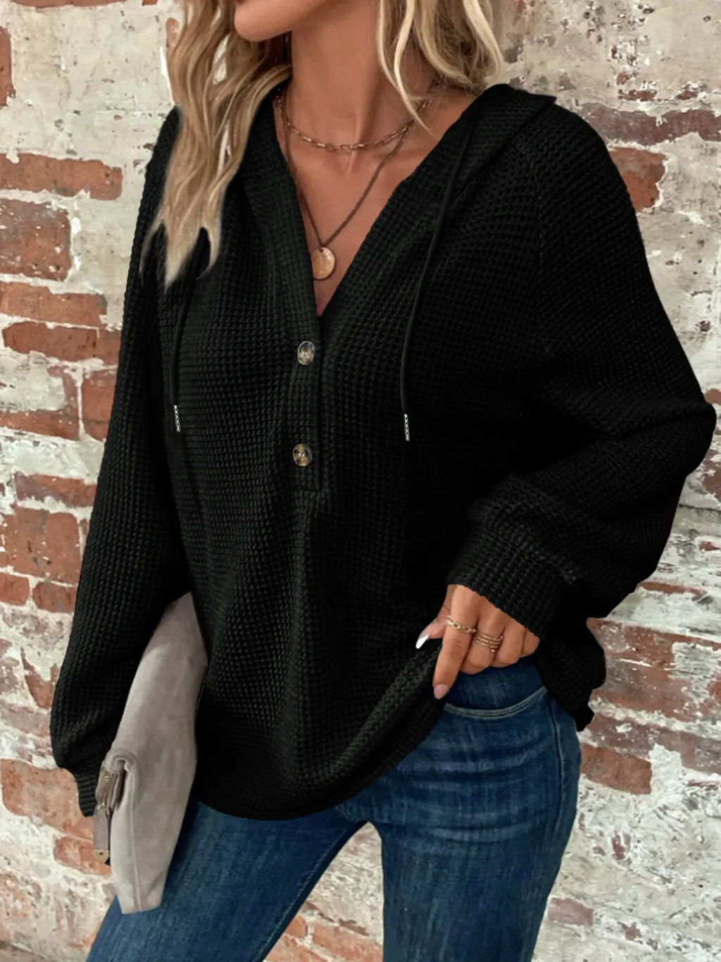 Solid Color Hooded Button Loose Long Sleeve Sweatershirt - Black