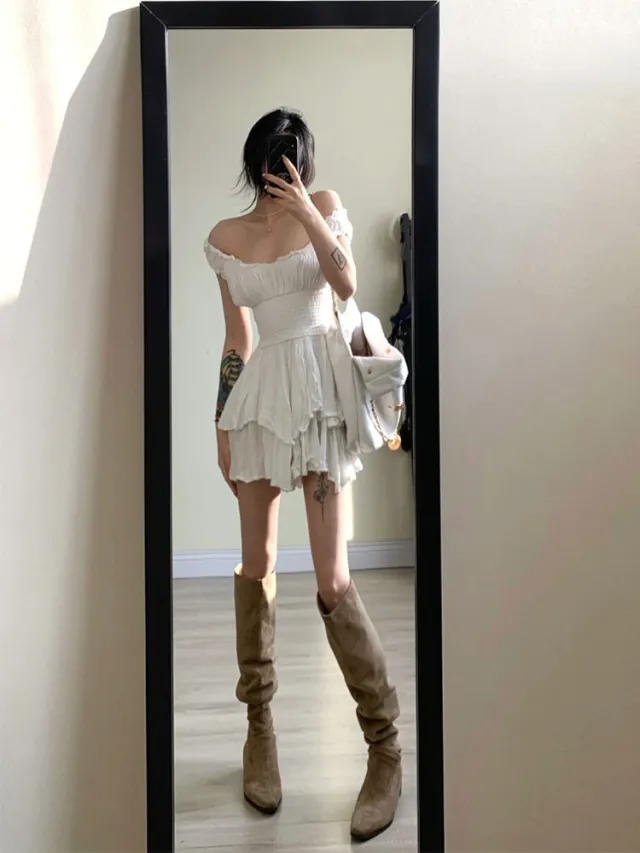 Princess like Slant Shoulder One piece Culotte White - Shop at LoveMi