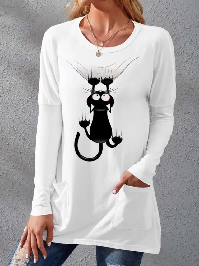 Women's Pocket Round Neck T shirt Printed Loose Long Sleeve Dress White - Shop at LoveMi