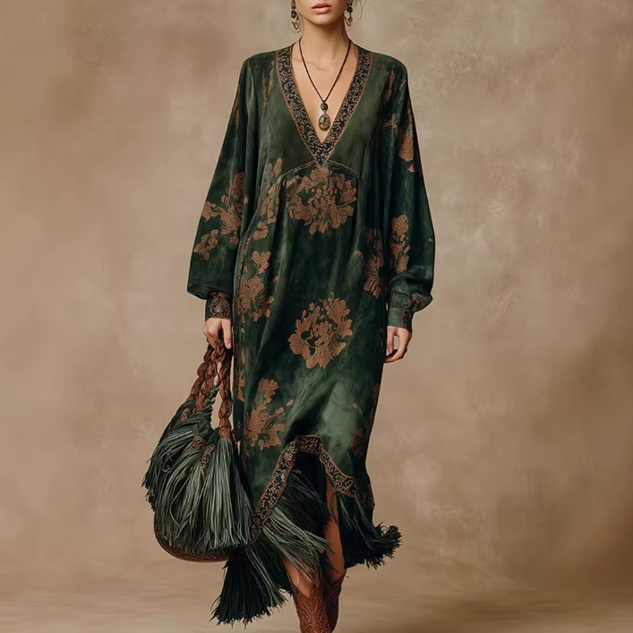 Retro Silhouette-printed Green Faux-suede Fringed Maxi Dress