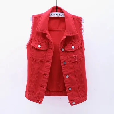 Multi Color Selection Denim Vest Women's Slim Sleeveless Jacket Red - Shop at LoveMi