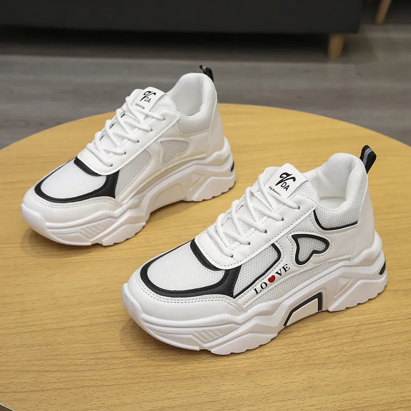 Women's Spring Casual Sports Low-top Platform Height Increasing Skinny White Shoes - Black