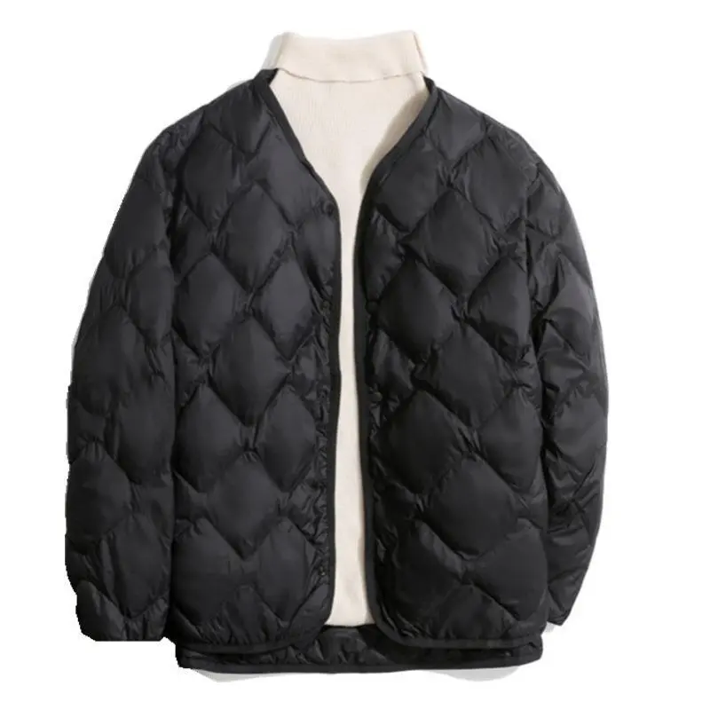 Women's Short Liner Plus Size Diamond Lattice White Duck Down V-neck Coat - Black