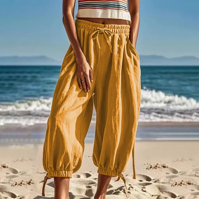 Summer Cotton And Linen Women's Ninth Elastic Waist Casual Pants Ginger Yellow - Shop at LoveMi