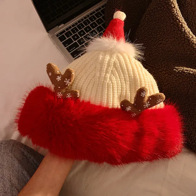 Cute Christmas Antlers Plush Bonnet Children Beige - Shop at LoveMi