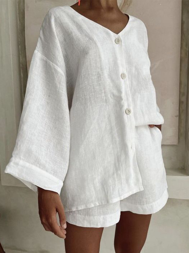 Women's cotton linen matching set in gray – long sleeve shirt and shorts