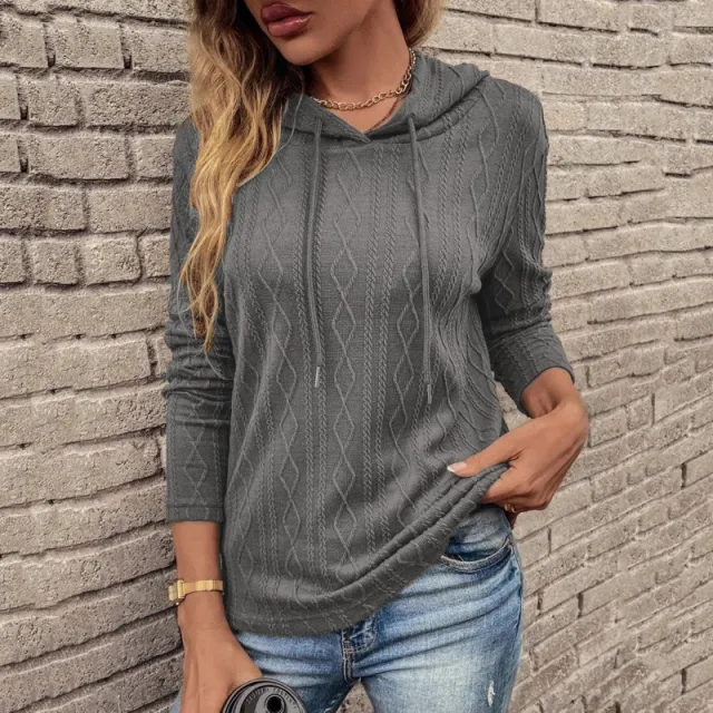 Long Sleeve Hooded Drawstring Pullover Sweater Top Gray - Shop at LoveMi