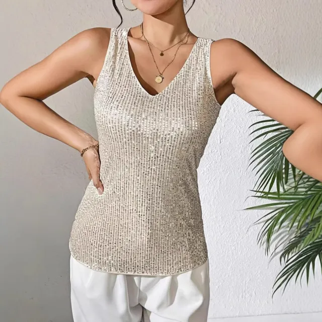 Sexy V neck Loose Sequined T shirt Outer Wear Inner Wear Women's Vest Champagne Xxl - Shop at LoveMi