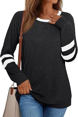 Women's Long sleeved Shirt Casual Round Neck Multicolor Top Black - Shop at LoveMi
