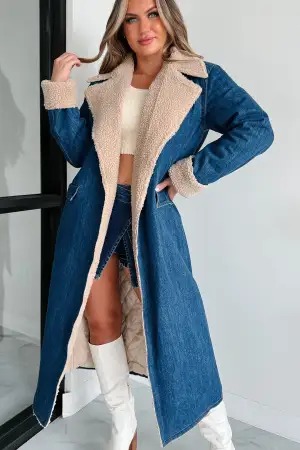 Lace up Double Pocket Denim Trench Coat Blue - Shop at LoveMi