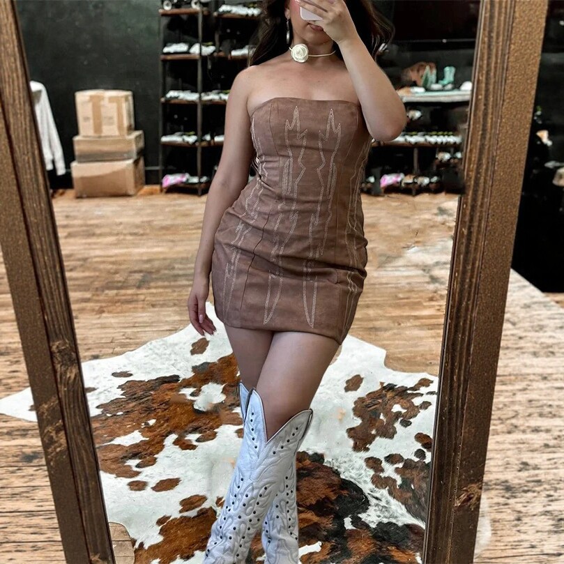 Denim-Style Patchwork Printed Tube Dress