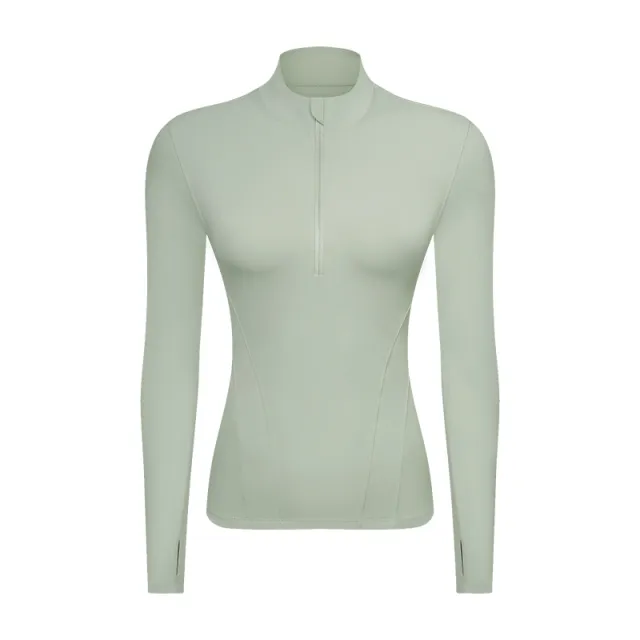 Double sided Nylon Half Zipped Stand Collar Yoga Jacket Women's Stretch Tight fitting Cinched Slimming Sports Jacket Tea Green - Shop at LoveMi