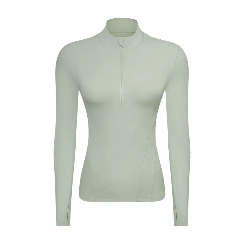 Double-sided Nylon Half Zipped Stand Collar Yoga Jacket Women's Stretch Tight-fitting Cinched Slimming Sports Jacket - Tea Green