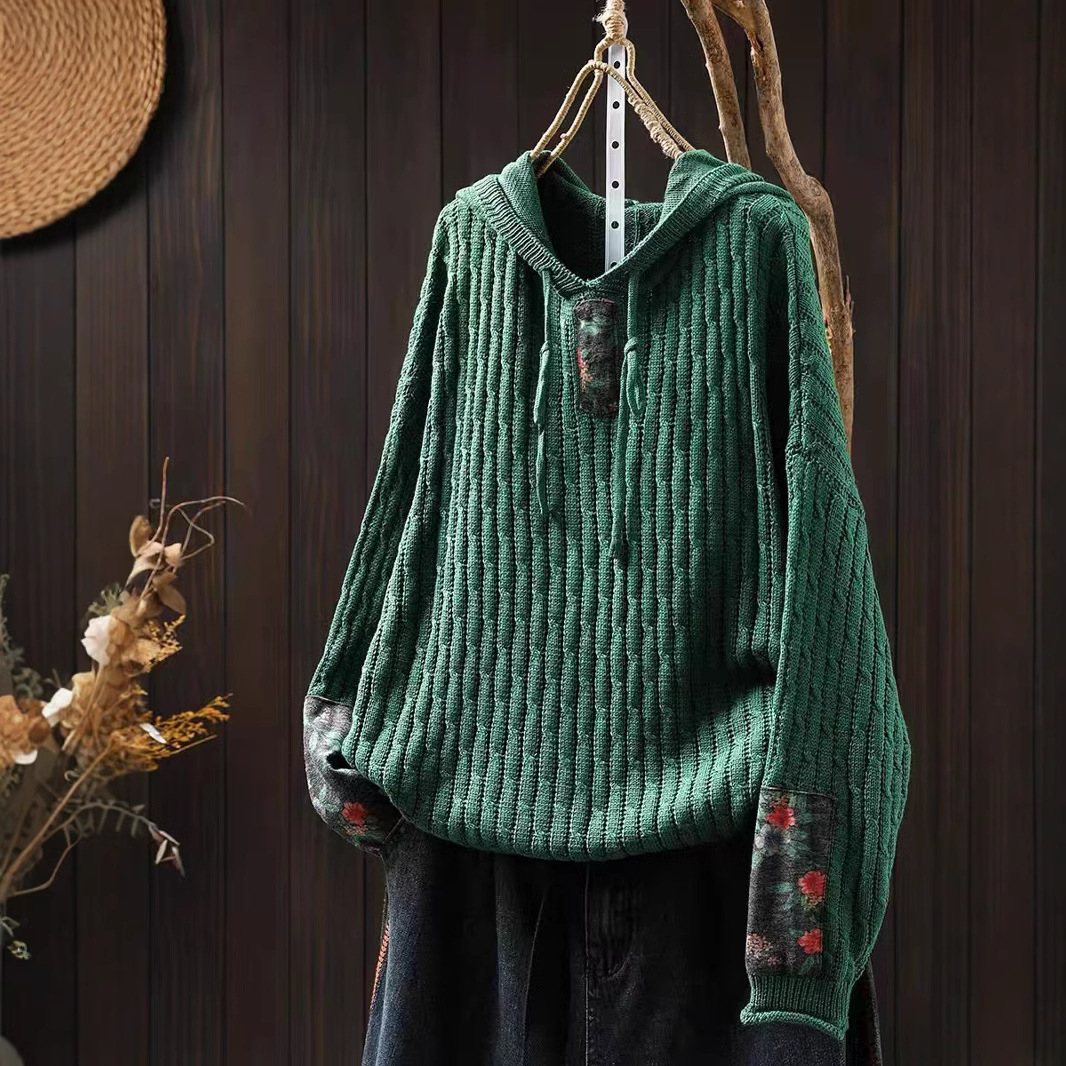 Womens Ethnic-Style Loose-Fit Oversized Sweater With Drawstring Hood