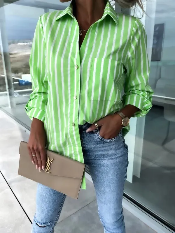 Spring And Autumn European And American Ladies Shirt Long Sleeve Striped Printing - Light Green
