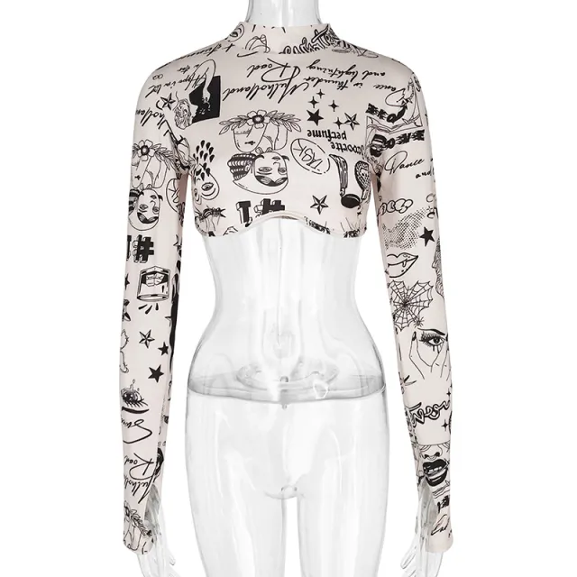 Pattern Printing Half Stand Up Collar Long Sleeve T Shirt Tan - Shop at LoveMi
