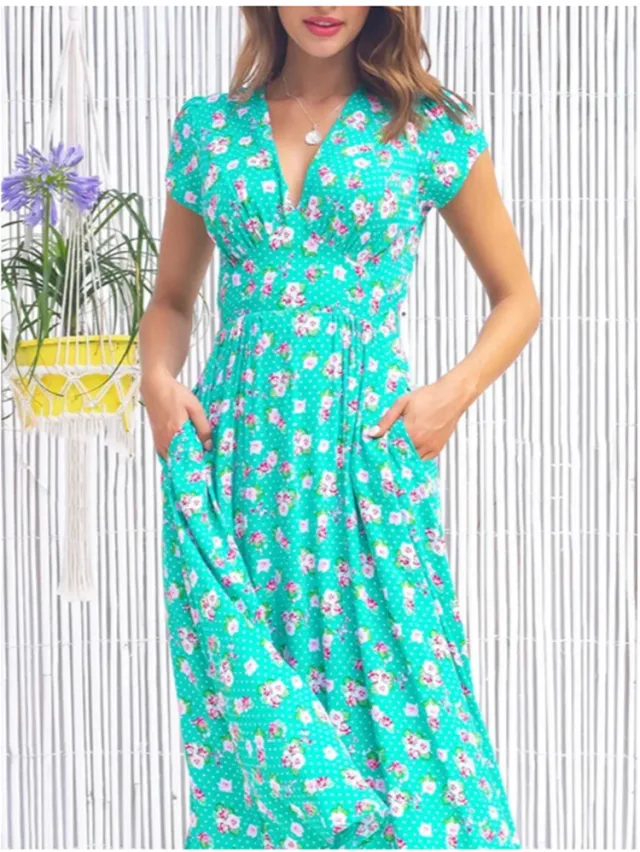 Women's Printed Pocket Bohemian V neck Dress Green - Shop at LoveMi