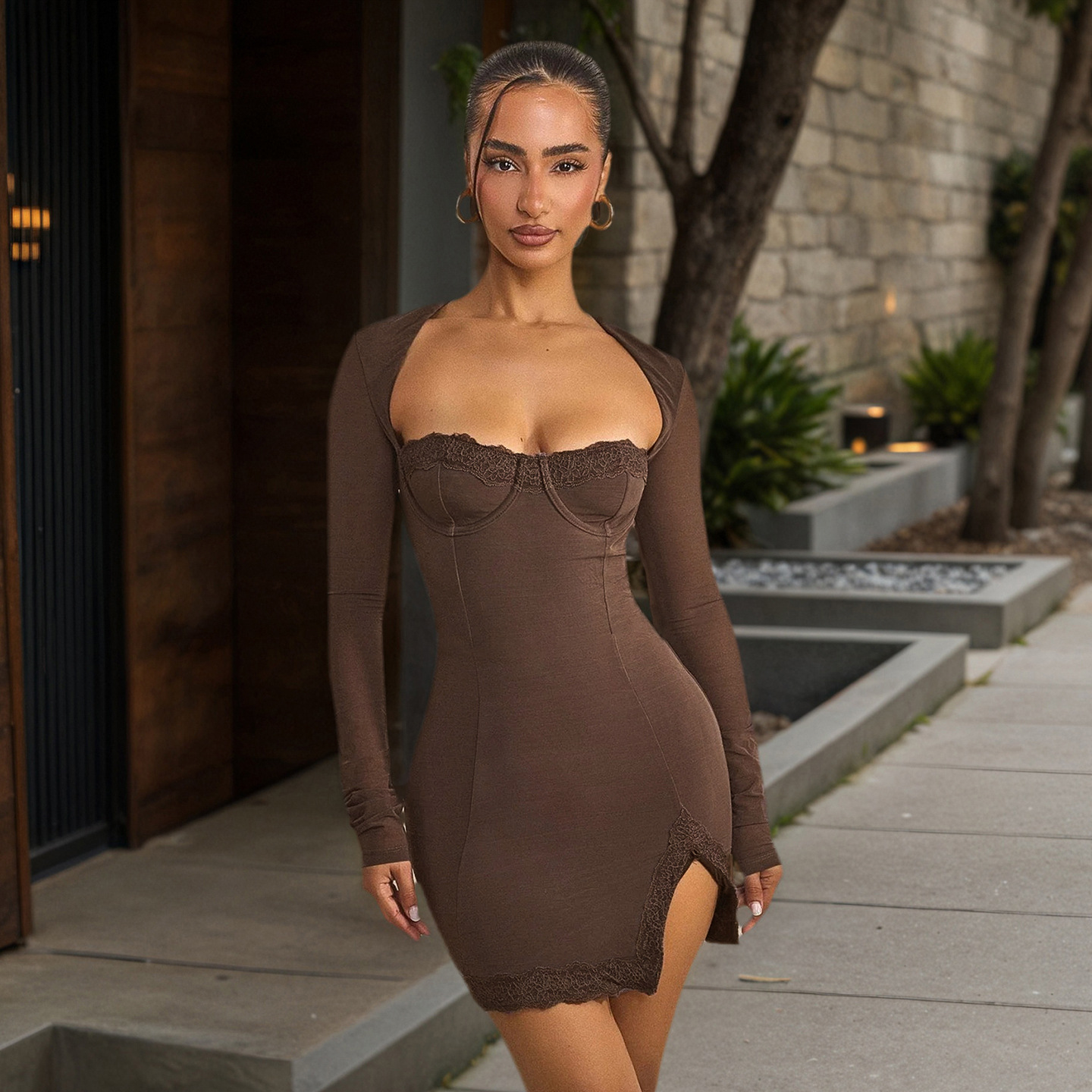 Womens Sexy Form-Fitting Lace-Panel Split Dress