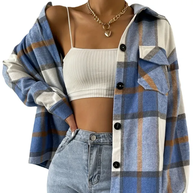 Woolen Jacket Long sleeved Plaid Coat Loose Blue - Shop at LoveMi