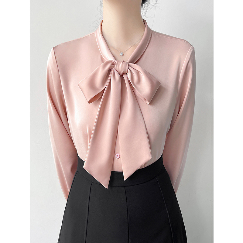 High-grade Satin Professional Commute Bow Shirt With Ribbon Women - Image 4