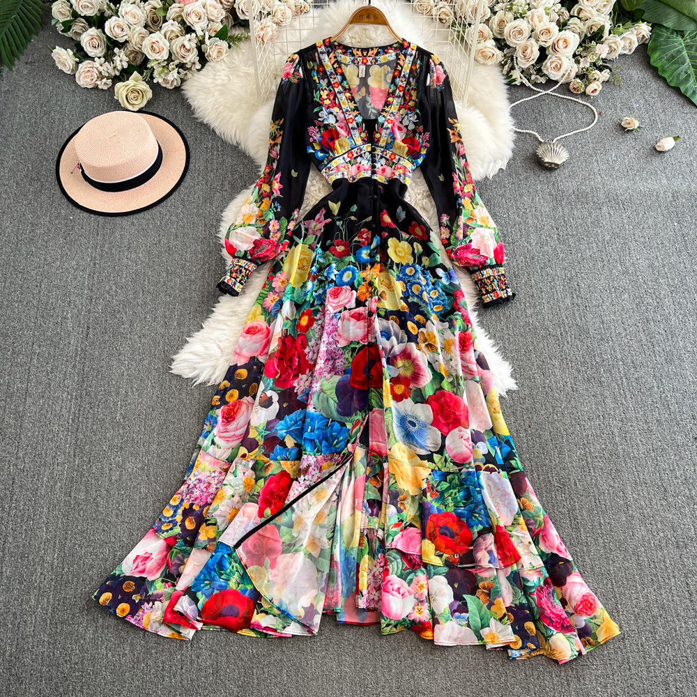 French Waist-controlled Large Hem Single-breasted Over-the-knee Elegant Dress