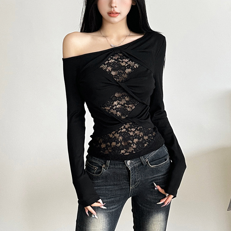 Women's Diagonal Collar Lace Simple Hollow Fashion All-match Solid Color Top