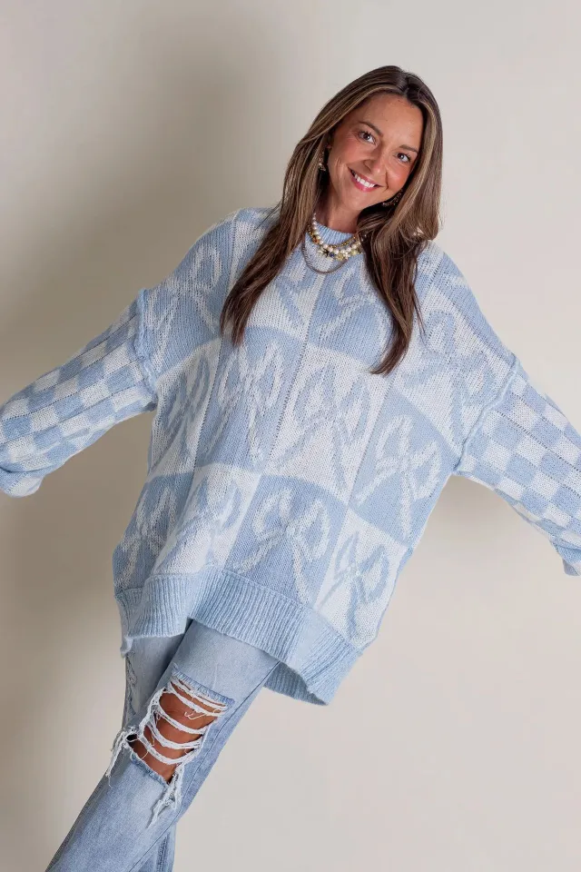 Loose Round Neck Plaid Bow Sweater Blue - Shop at LoveMi