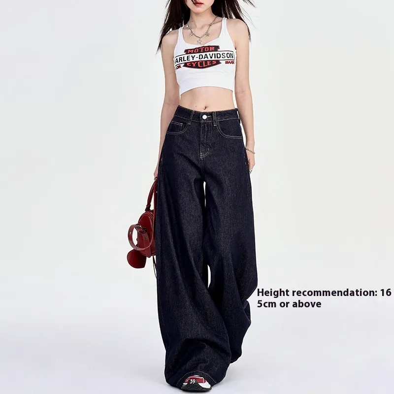 Spring New Draping Lazy Casual Mop Straight Jeans For Women - Dark Blue Lengthened