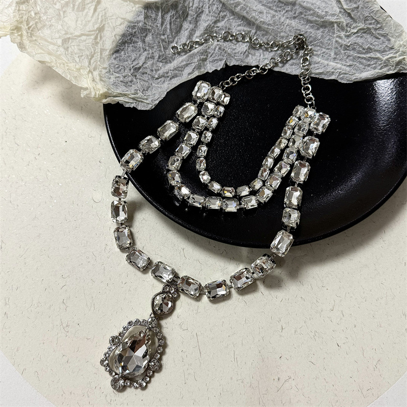 Women's Diamond-embedded Multi-layer Rectangular Water Drop Pendant Necklace