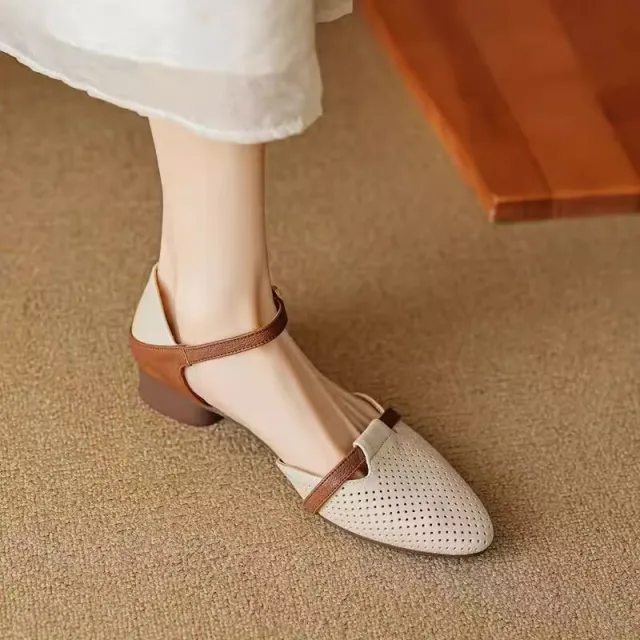 New Retro Chunky Heel Buckle With Closed Toe Stitching Hollowed Sandals Women Beige - Shop at LoveMi