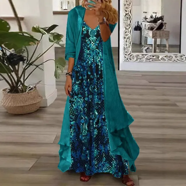Plus Size Women's Dress Set V neck Strap Lining Blue - Shop at LoveMi