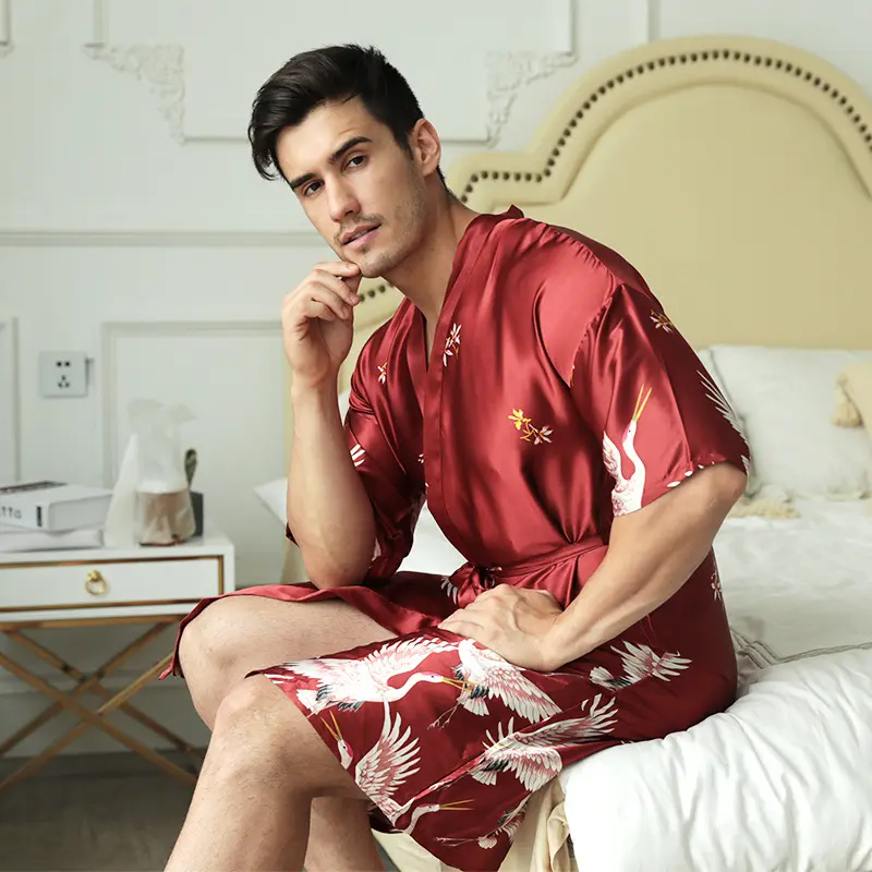 Mid-length Printed Artificial Silk Nightgown Men's Groom