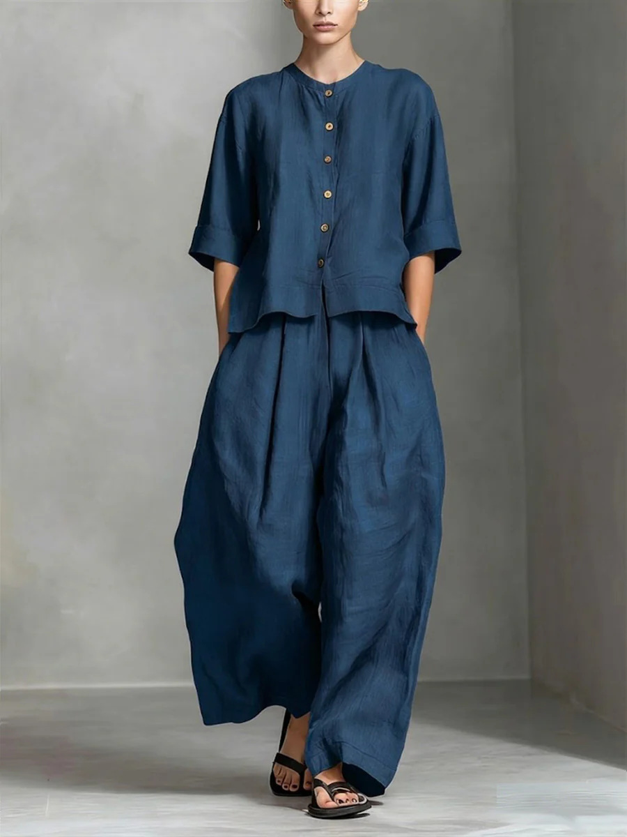 Dark blue three-quarter sleeve shirt and loose trousers two-piece set – solid color casual women's style